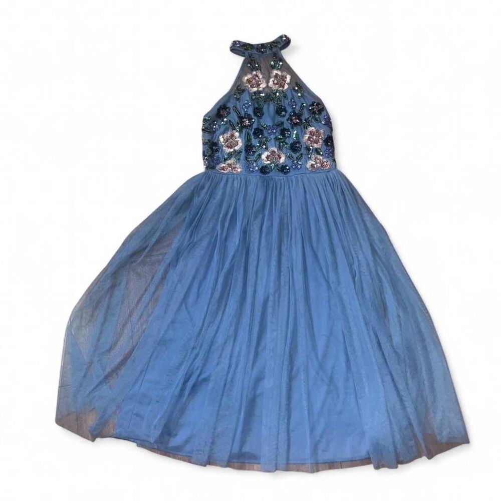Maya Deluxe Women's Blue Floral Garden Party Whimsical Tulle Sequins Dress SZ 10